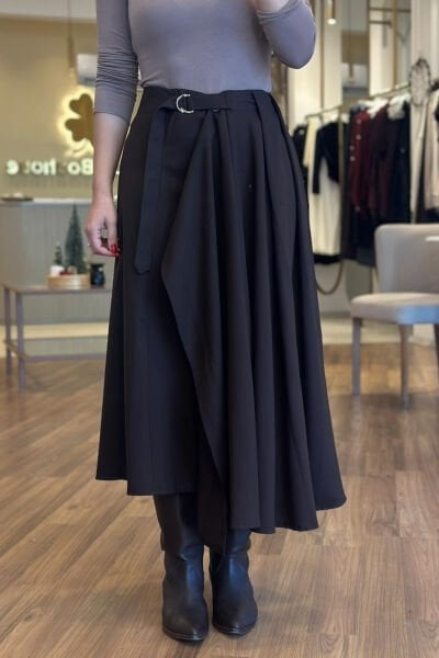 Kahverengi Yüksek Bel Kuşaklı Kumaş Etek