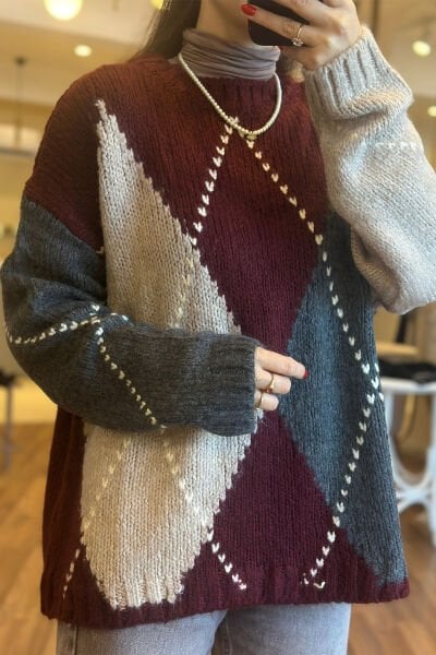 Bordo Baklava Desen Standart Beden Kazak