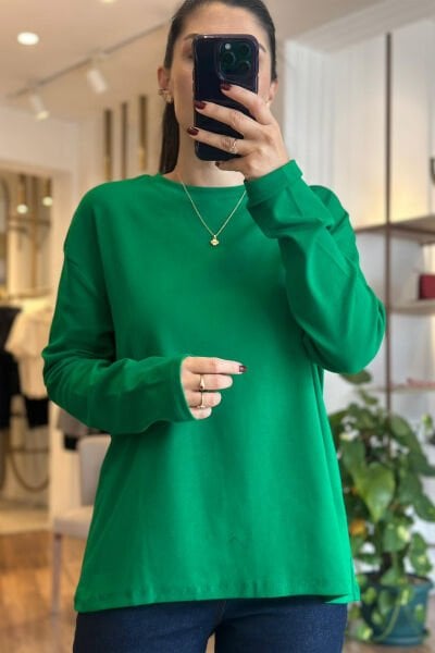 Yeşil Bisiklet Yaka Uzun Kollu Pamuklu Tshirt