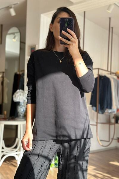 Siyah Bisiklet Yaka Uzun Kollu Pamuklu Tshirt