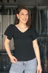 Siyah Only Kolları Volanlı Likralı Bluz