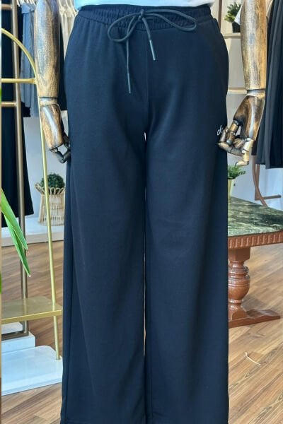 Siyah Modal Kumaş Beli Bağcıklı Eşofman