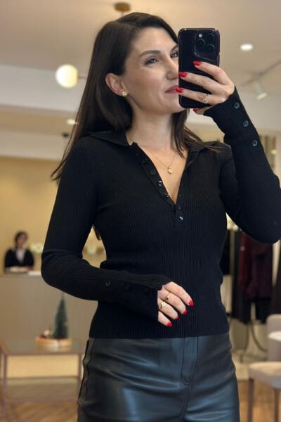 Siyah Fitilli Dokuda Önden Düğmeli Standart Beden Triko