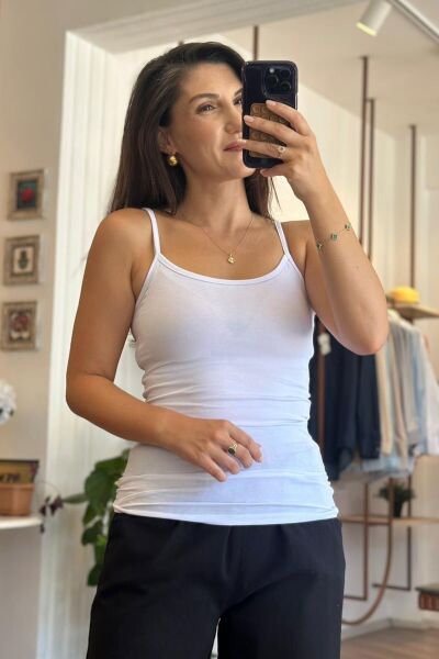 Beyaz İp Askılı Pamuklu ve Likralı Body