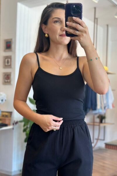 Siyah İp Askılı Pamuklu ve Likralı Body