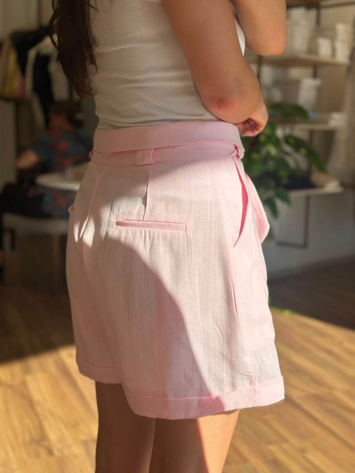 Pembe Keten Yüksek Bel Şort