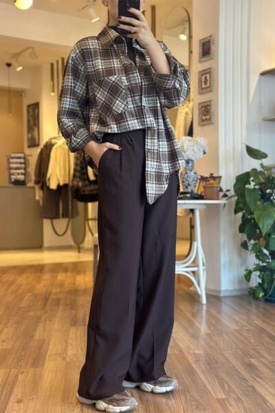 Acı Kahve Beli Lastikli Kırışmayan Kumaş Palazzo Pantolon