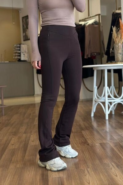 Kahverengi Yüksek Bel İçi Şardonlu Likralı Bol Paça Tayt