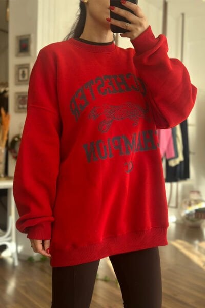 Kırmızı Standart Beden İçi Şardonlu Sweatshirt