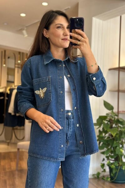 Koyu Mavi Taş ve Boncuk İşlemeli Kot Ceket/Gömlek