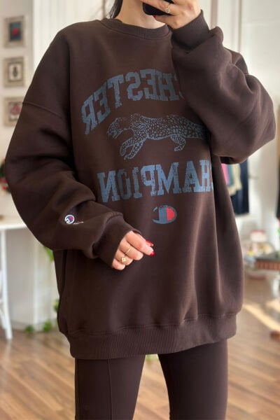 Kahverengi Standart Beden İçi Şardonlu Sweatshirt