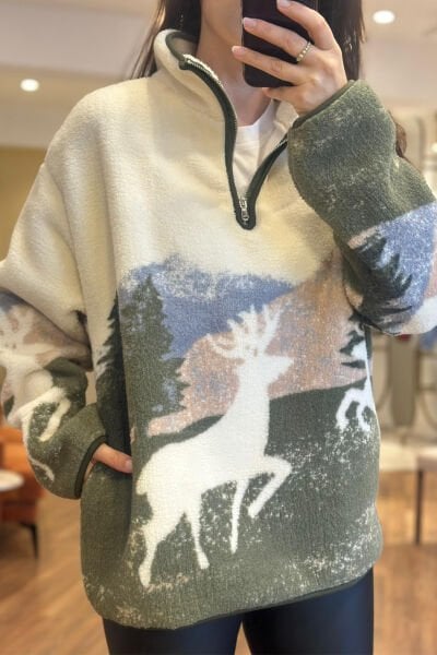 Geyik Desenli Standart Beden Cepli Polar