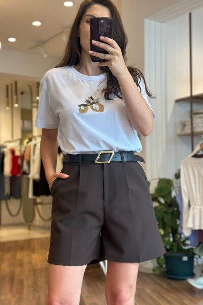 Kahverengi Yüksek Bel Kemerli Şehir boy Şort