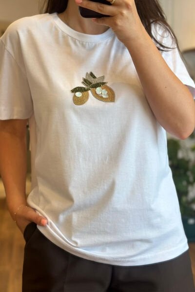 Beyaz Bisiklet yaka Taş Baskılı Pamuklu T-shirt