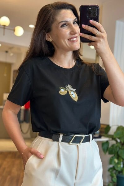 Siyah Bisiklet yaka Taş Baskılı Pamuklu T-shirt