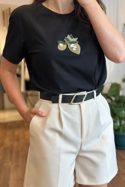 Siyah Bisiklet yaka Taş Baskılı Pamuklu T-shirt