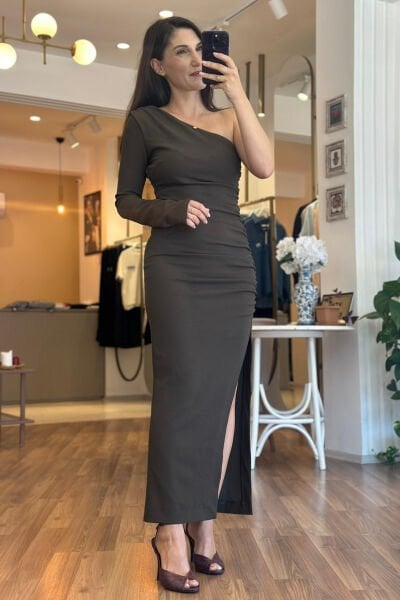 ZR Haki Tek Omuz Krep Kumaş Likralı Elbise (DEĞİŞİM VE İADE YOKTUR)