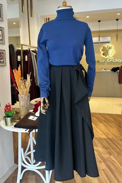 Siyah Yüksek Bel Kuşaklı Kumaş Etek