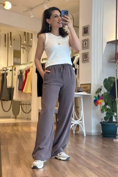 Kahve Tensel Kumaş Beli Lastikli ve Cepli Arabel Pantolon