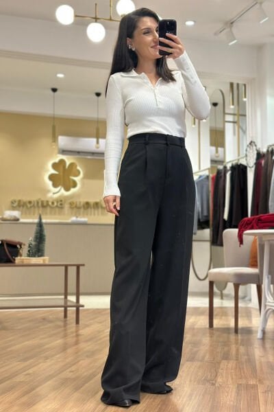 Siyah Yüksek Bel Kumaş Palazzo Pantolon