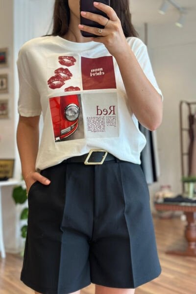 Mon Cheri Baskılı Beyaz Oversize T-Shirt