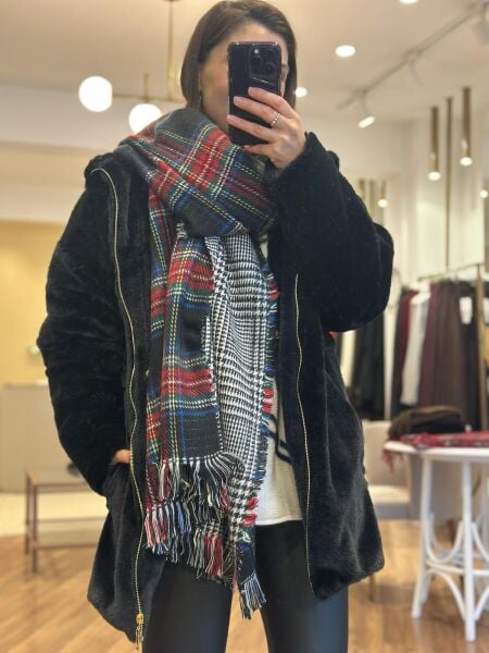 Lacivert Ekose Desenli Standart Beden Yumuşak Dokulu Atkı/Şal