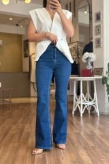 Lacivert Yüksek Bel Likralı Flare Jean