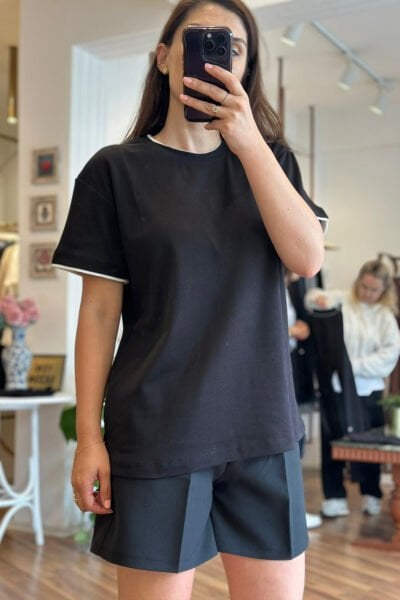 Siyah Beyaz Biyeli Oversize Bisiklet Yaka T-Shirt