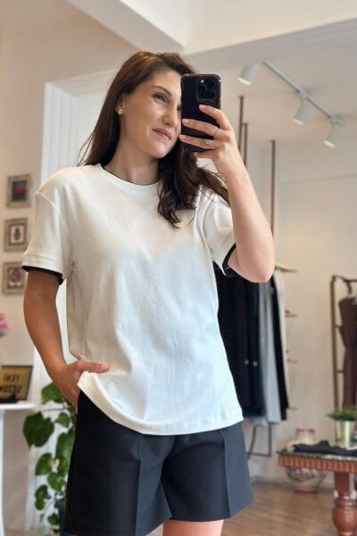 Beyaz Siyah Biyeli Oversize Bisiklet Yaka T-Shirt
