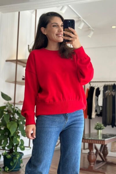 Kırmızı Bisiklet Yaka Yumuşak Dokulu Standart Beden Kazak