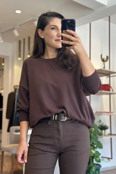 Acı Kahve Bisiklet Yaka Yumuşak Dokulu Standart Beden Kazak