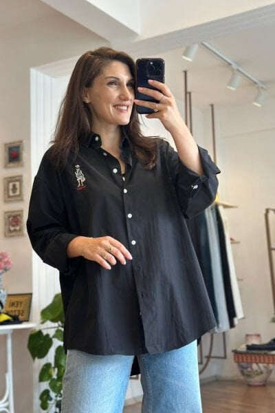 Siyah Oversize  Nakış Detaylı Gömlek