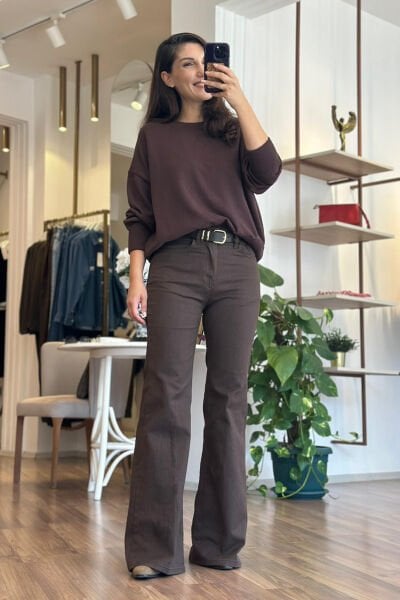 Acı Kahve Pamuklu İspanyol Paça Jean