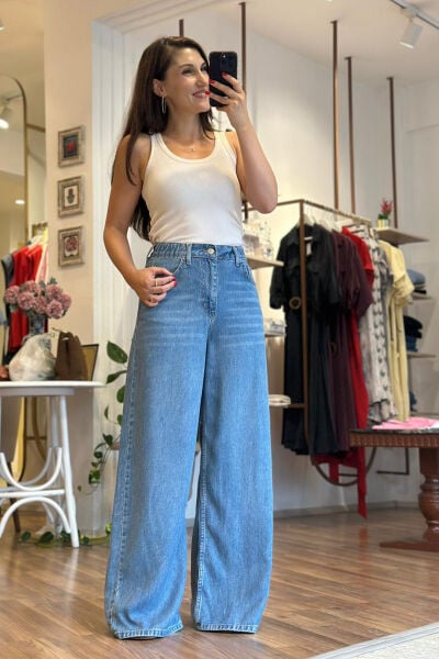 Mavi Beli Lastikli Yumuşak Dokulu Straight Jean
