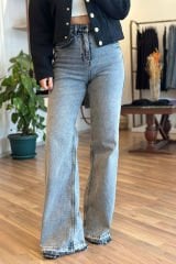 Füme Yıkamalı Paça Püskül Detaylı Massimo Wide Leg Jean (İndirim! Değişim ve İade Yoktur)