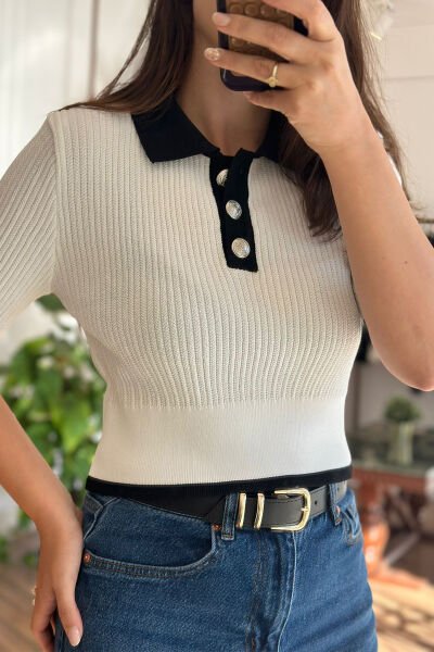 Bclub Beyaz Renk Gümüş Düğmeli Çelik Örgü Standart Beden Triko