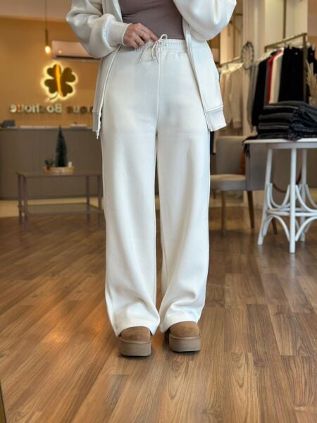 Ekru Yüksek Bel Üç İplik İçi Şardonlu Eşofman Altı