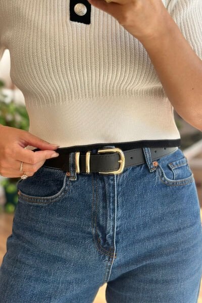 Siyah Gold Tokalı Suni Deri Kemer