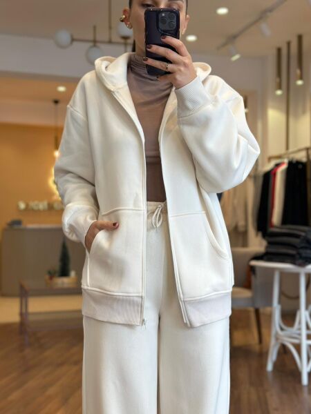 Ekru Fermuarlı Kapüşonlu Pamuklu Sweatshirt