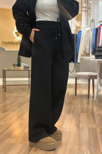 Siyah Yüksek Bel Üç İplik İçi Şardonlu Eşofman Altı