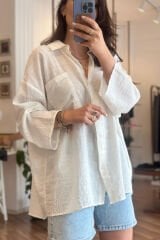 Ekru Oversize Keten Gömlek