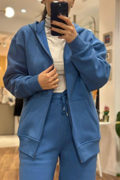 Mavi Fermuarlı Kapüşonlu Pamuklu Sweatshirt