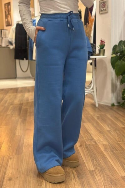 Mavi Yüksek Bel Üç İplik İçi Şardonlu Eşofman Altı