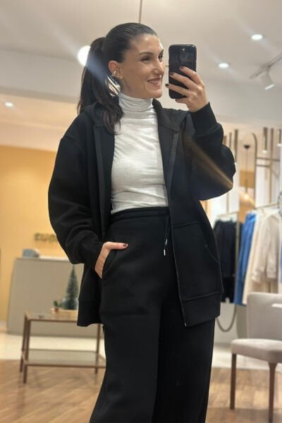 Siyah Fermuarlı Kapüşonlu Pamuklu Sweatshirt