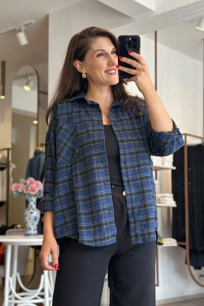 Lacivert Ekoseli Oversize Gömlek