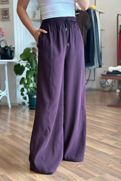 Mürdüm Tensel Kumaş Yüksek Bel Pantolon