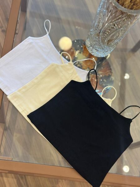 Krem Lastik Askılı Pamuklu Crop