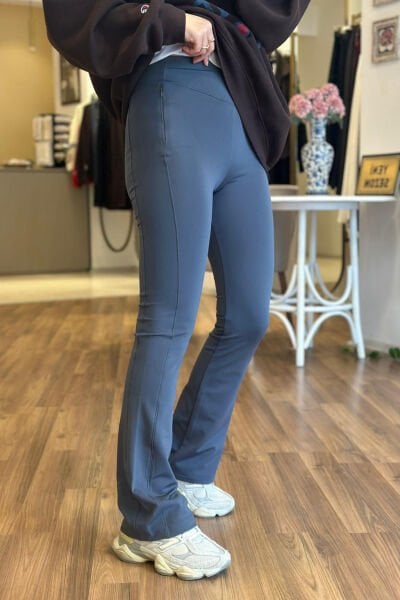 Mavi Yüksek Bel İçi Şardonlu Likralı Bol Paça Tayt