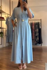 Mavi İnce Denim Kumaş Gold Tokalı Maxi Elbise