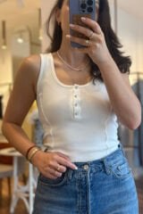 Beyaz Kalın Askılı Önden Çıtçıtlı Fitilli Body